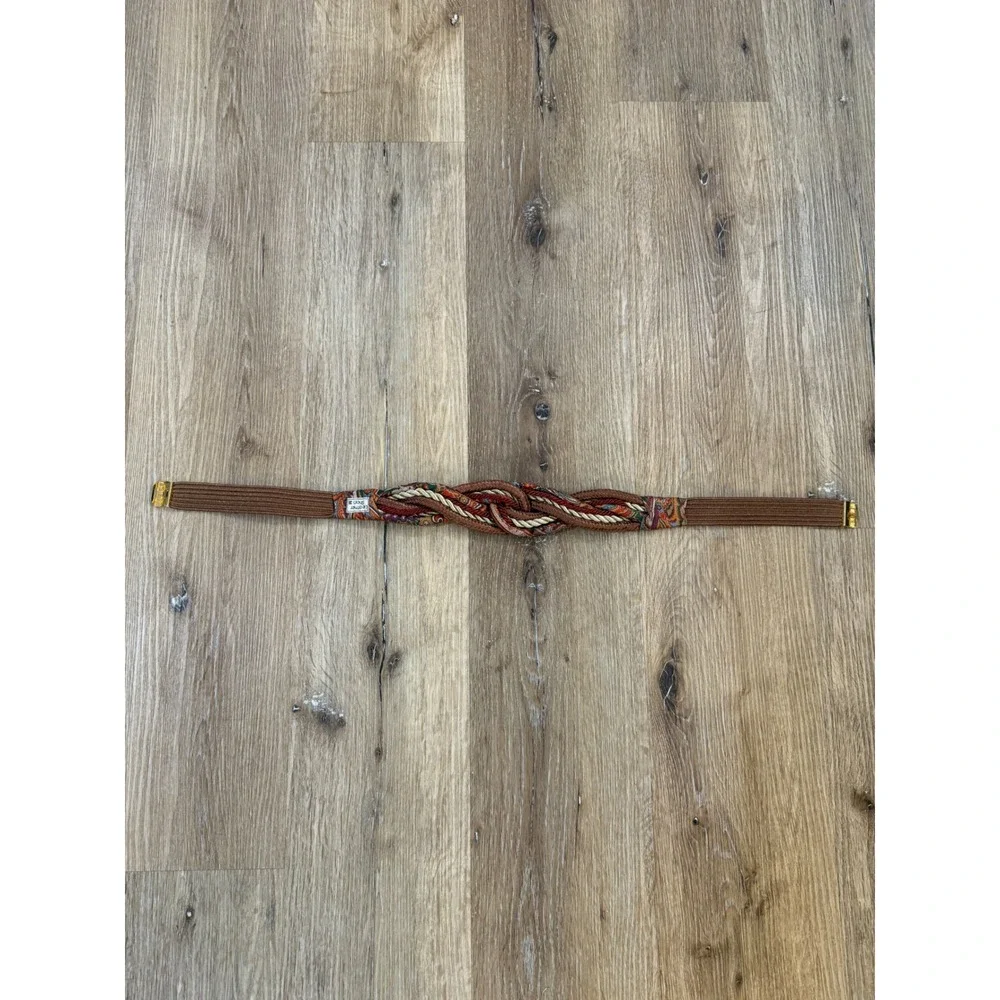 Leather Shop Braided Rope Belt Womens M Brown Boho Vintage Stretch Cinch Paisley